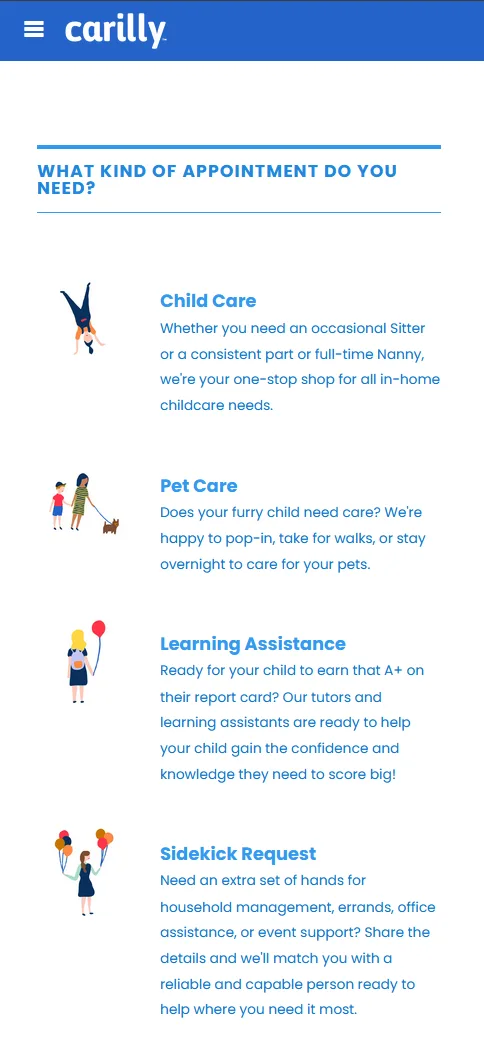 The Carilly app showing appointment types: Child Care, Pet Care, Learning Assistance, Sidekick Request