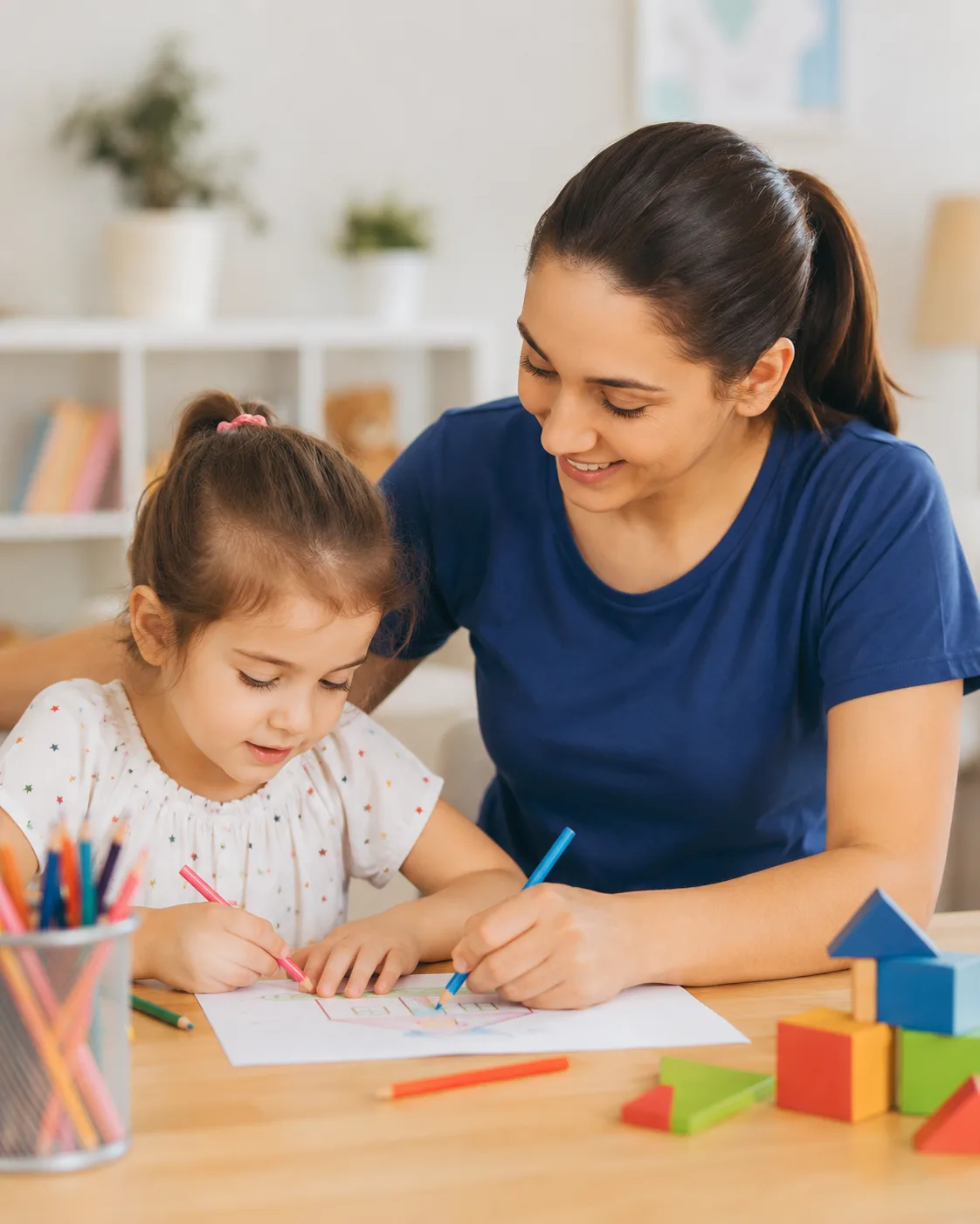 A nanny helping a child color at the table