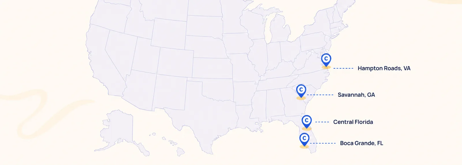 Map of Carilly service areas across the United States